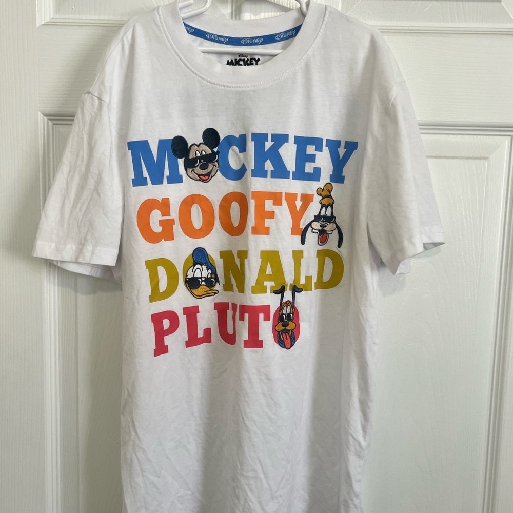 Disney White Tee with Mickey & Friends in Blue, Orange, Yellow, Red